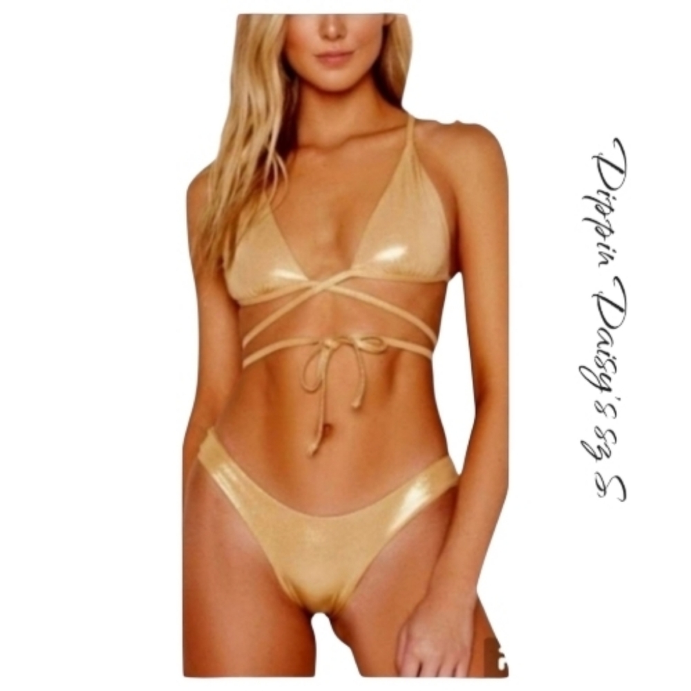 Dippin Daisy’s Vibe Wrap Triangle Nocturnal Bikini Set Gold Metallic Swimsuit S
